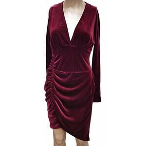 Women's Burgundy Sexy V Neck Long Sleeve Velvet Bodycon Ruched Faux Wrap Medium